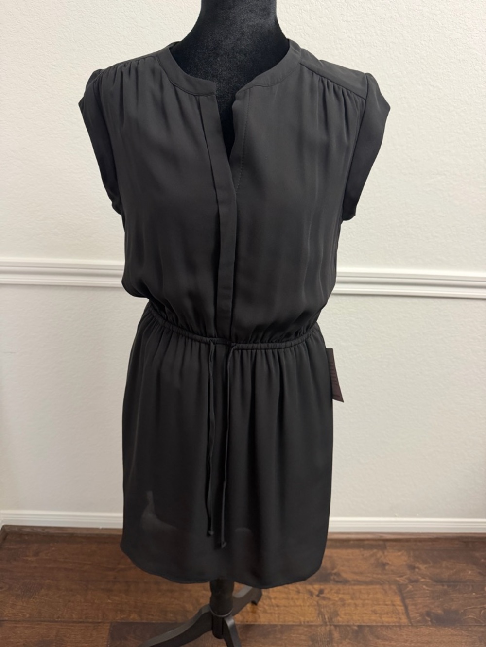 Black Drawstring Waist Cap-Sleeve Dress